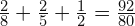  \frac{2}{8}+\frac{2}{5}+\frac{1}{2}=\frac{92}{80}