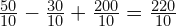 \frac{50}{10}-\frac{30}{10}+\frac{200}{10}=\frac{220}{10}