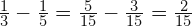  \frac{1}{3}-\frac{1}{5}=\frac{5}{15}-\frac{3}{15}= \frac{2}{15} 